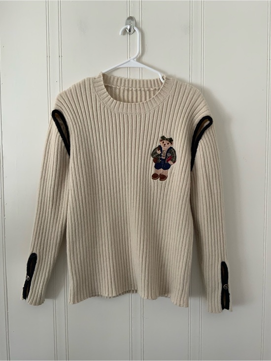 Ralph Lauren Sweaters - Ralph Lauren Cream Ribbed Crewneck Sweater with Polo Bear Accent and Black Trim